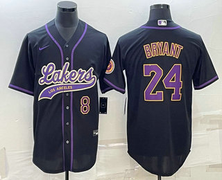 Mens Los Angeles Lakers #8 #24 Kobe Bryant Number Black With Patch Cool Base Stitched Baseball Jersey